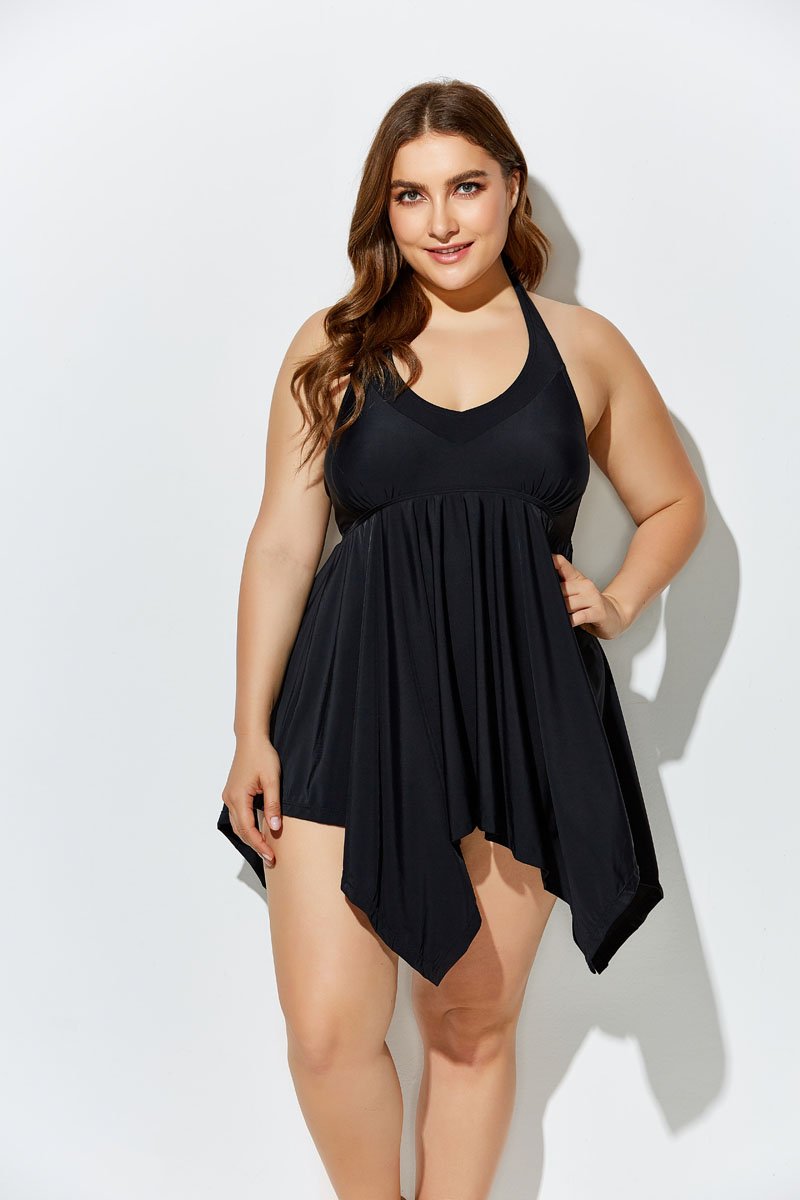 BLACK HANDKERCHIEF HALTER TWO PIECE SWIMDRESS SET