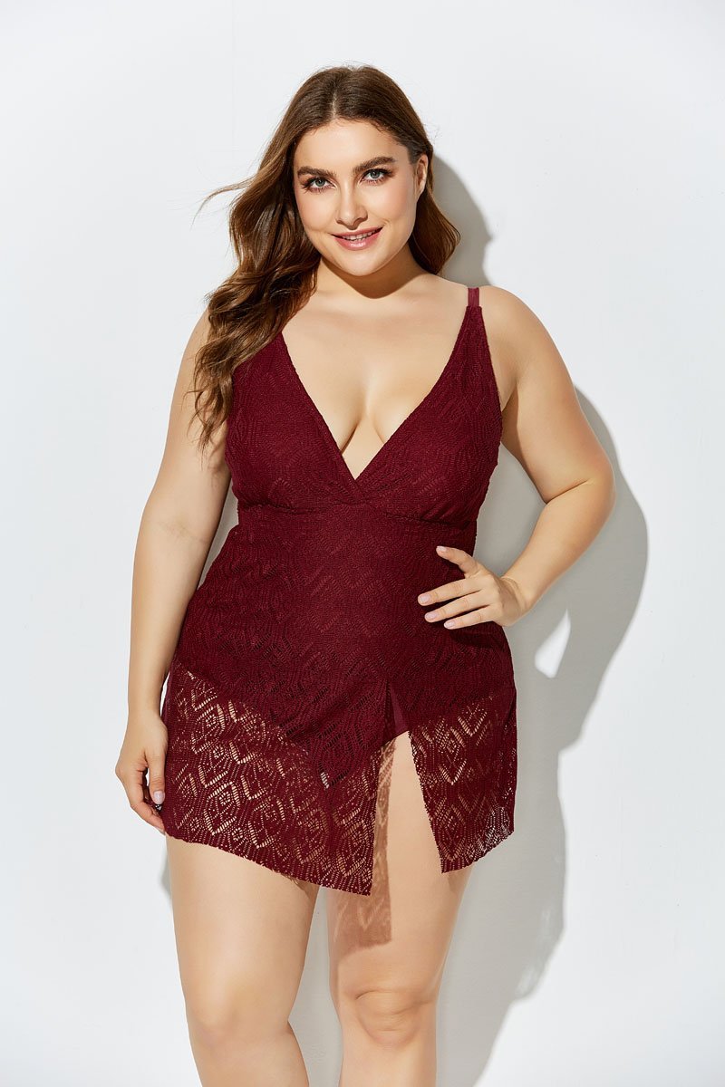 WINE CROCHET SIDE SLIT V-NECK SWIMDRESS SET