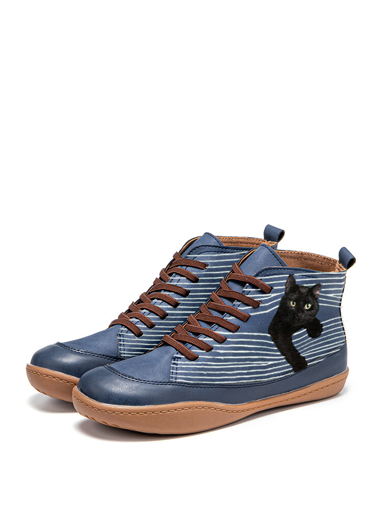 Black Cat Print Casual Lace Up Splicing Suede Flat Ankle Boots For Women