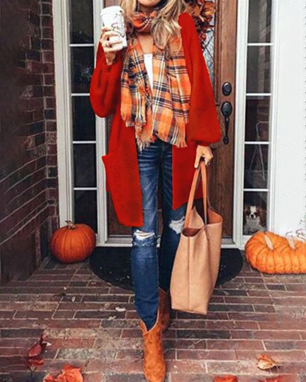 Loose Lantern Sleeve Orange Knitted Coat