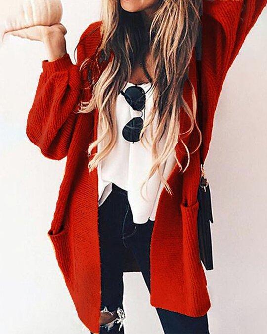 Loose Lantern Sleeve Orange Knitted Coat