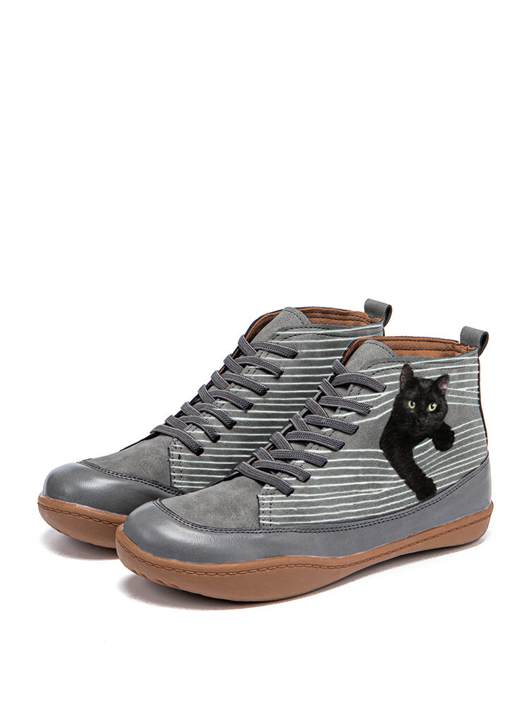 Black Cat Print Casual Lace Up Splicing Suede Flat Ankle Boots For Women