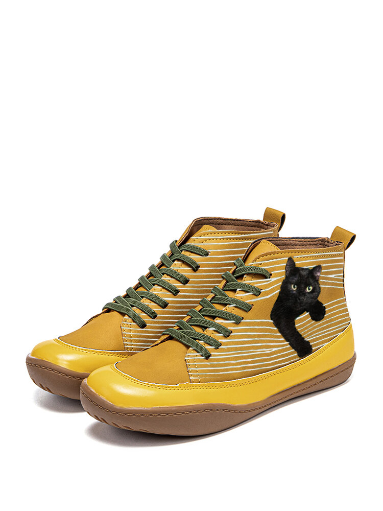 Black Cat Print Casual Lace Up Splicing Suede Flat Ankle Boots For Women
