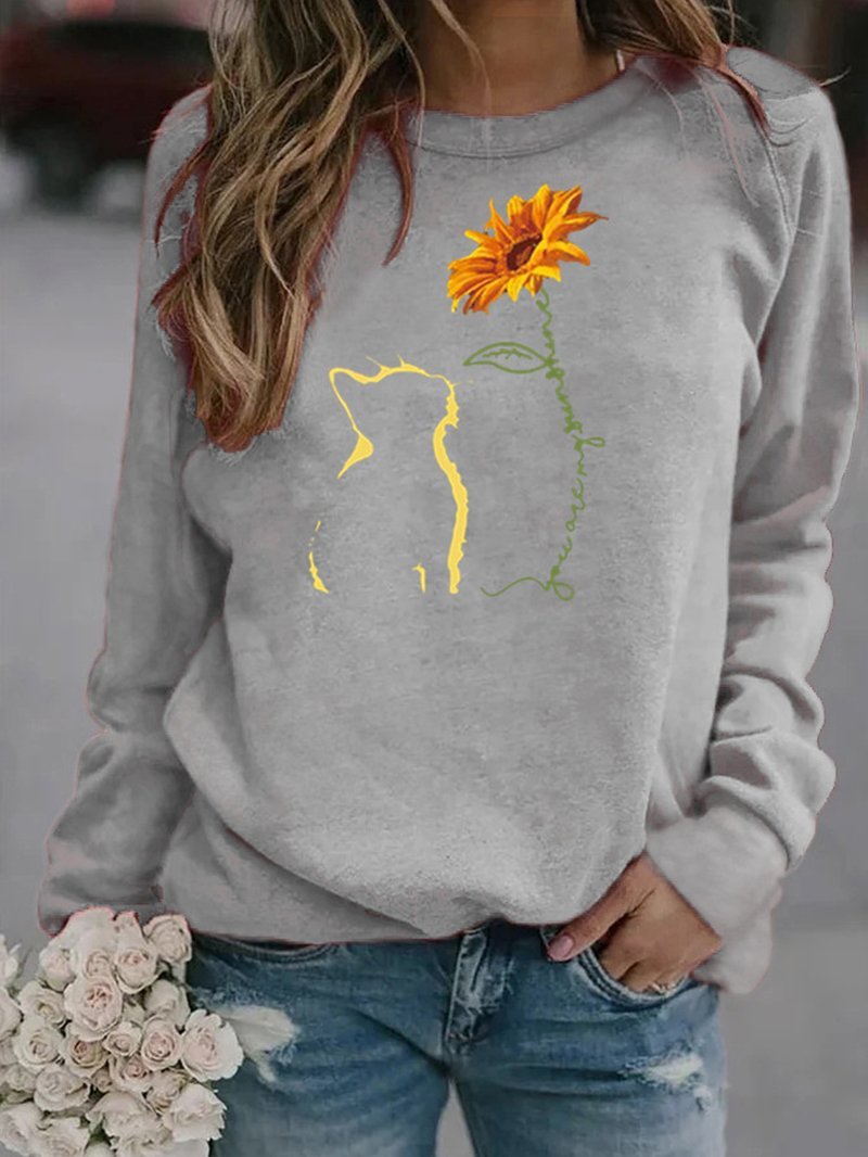 Cat and Sunflower Print Crew Neck Sweatshirt