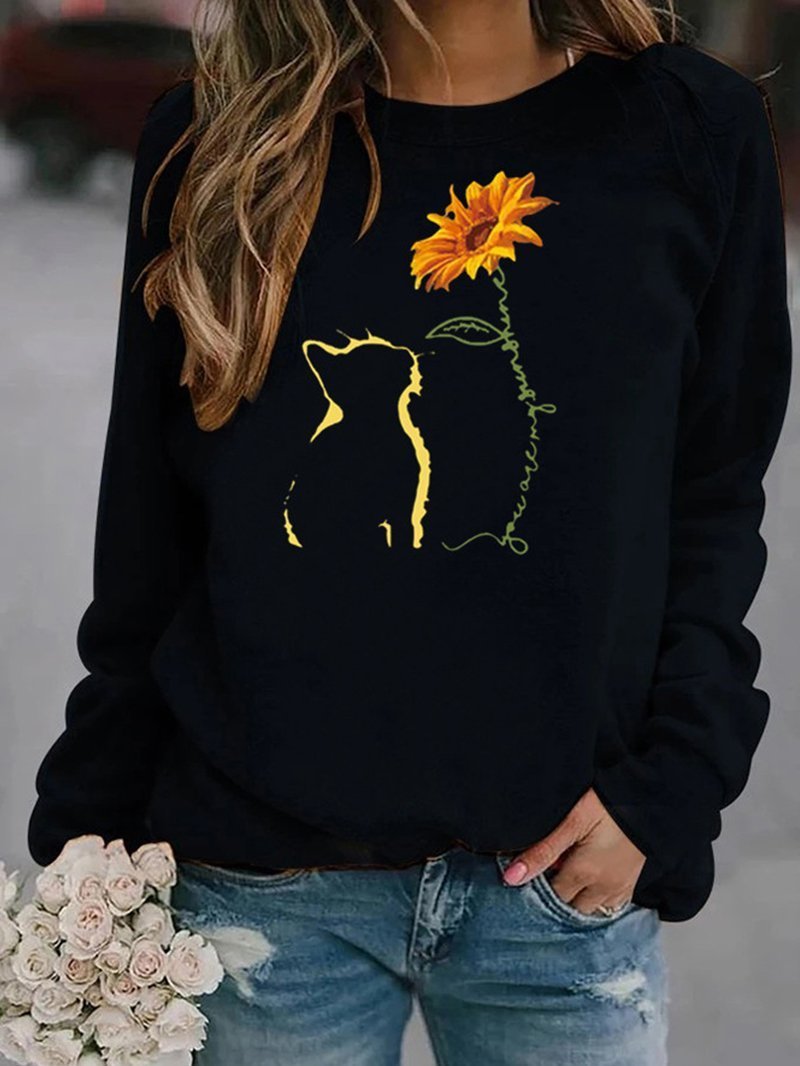 Cat and Sunflower Print Crew Neck Sweatshirt