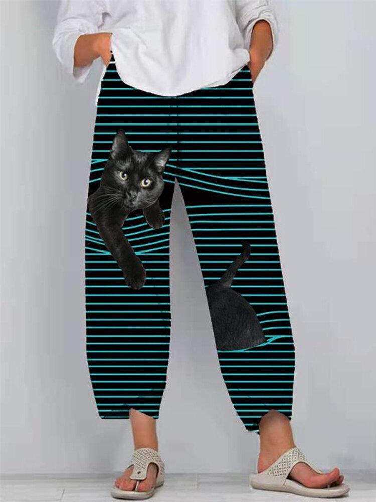 Black Cat Print Striped Patchwork Elastic Waist Plus Size Pants