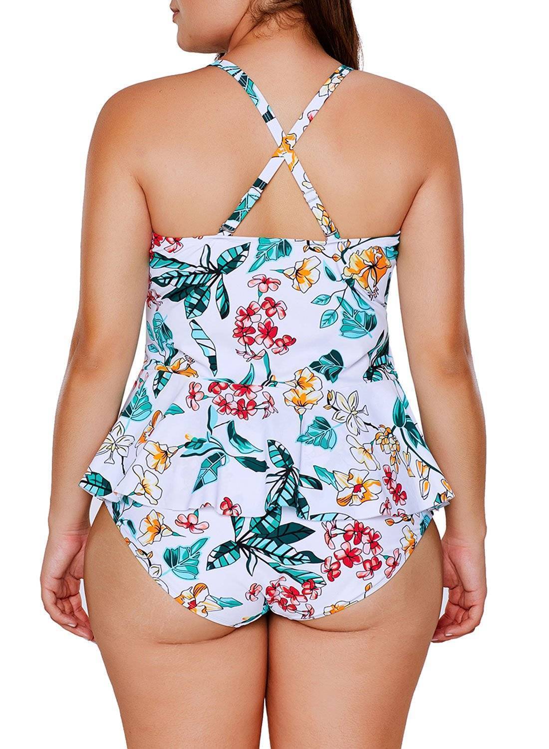Tropical Floral Print One Piece Tankini Swimsuit