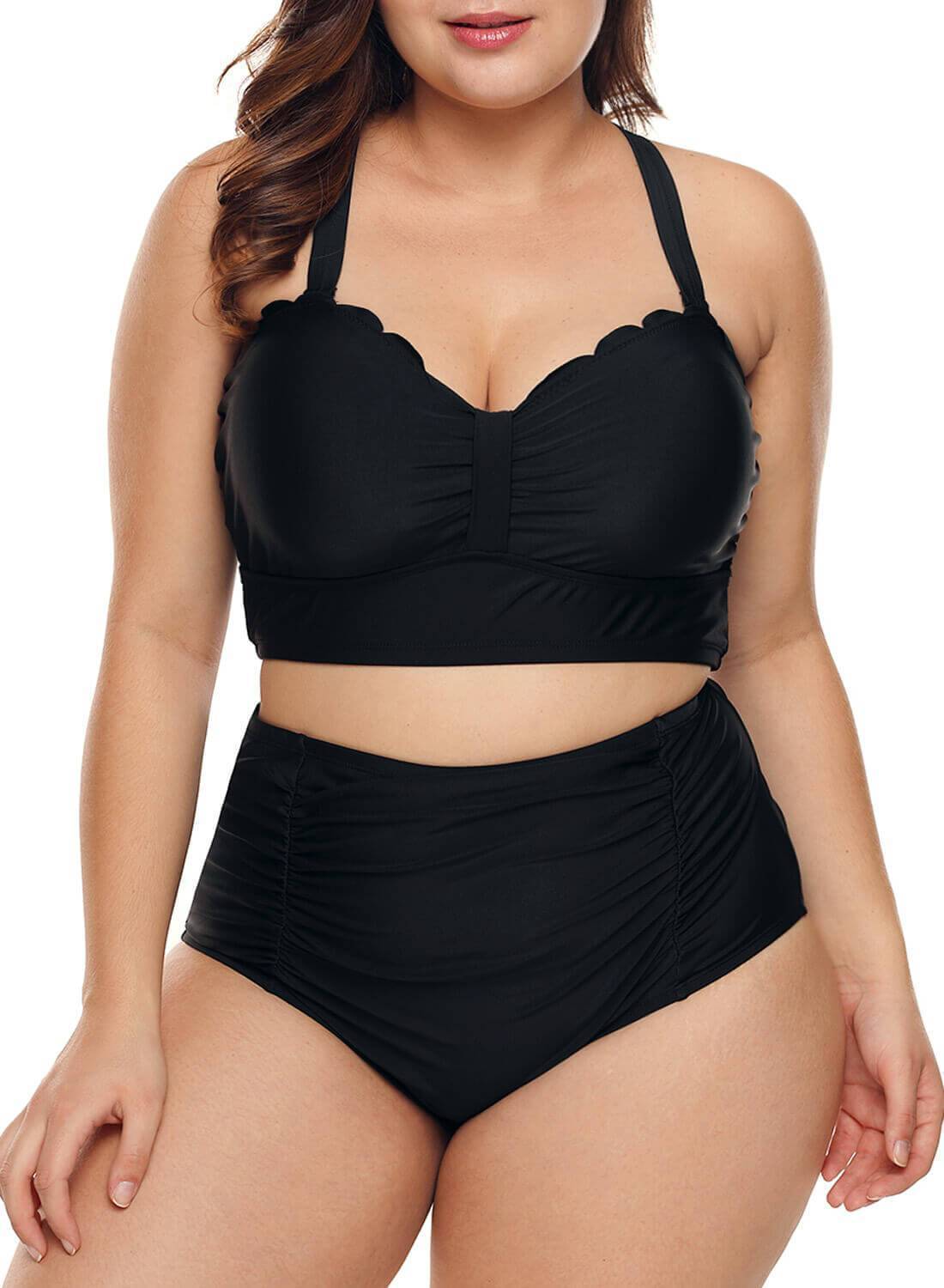 Scalloped High Waisted 2pcs Bikini Swimsuit