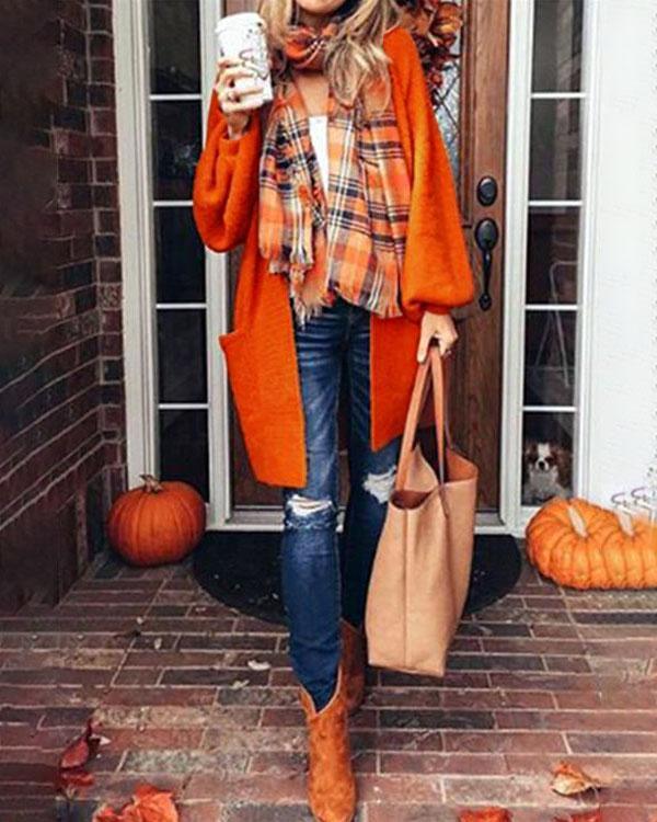 Loose Lantern Sleeve Orange Knitted Coat