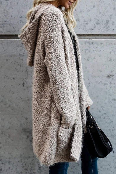 New Trendy Simple Plain Dopen Front Hooded Long Sleeve Cardigan