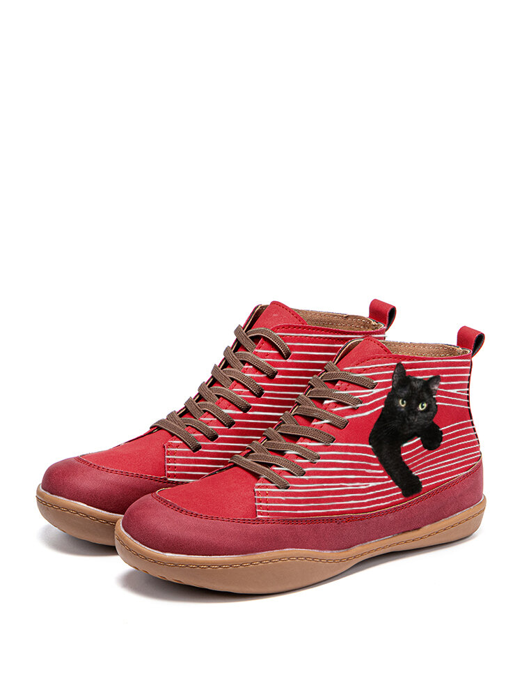 Black Cat Print Casual Lace Up Splicing Suede Flat Ankle Boots For Women