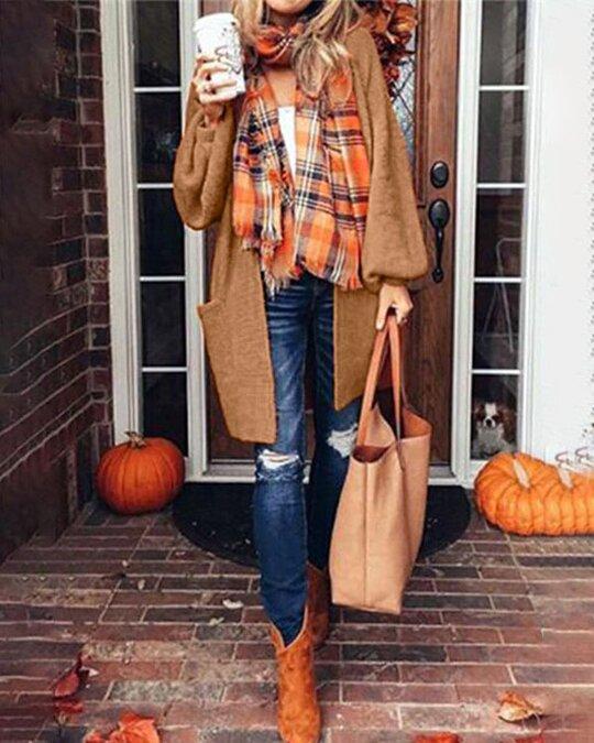 Loose Lantern Sleeve Orange Knitted Coat