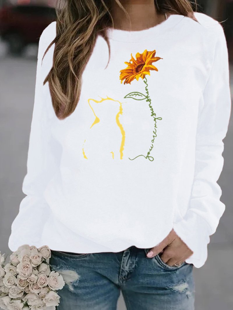 Cat and Sunflower Print Crew Neck Sweatshirt