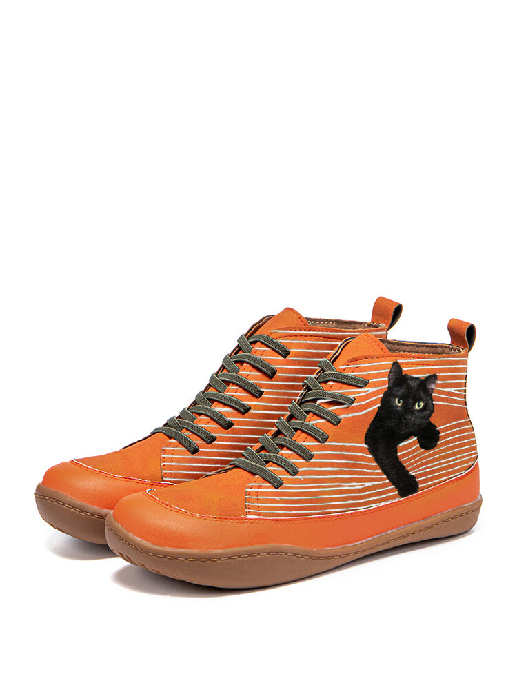 Black Cat Print Casual Lace Up Splicing Suede Flat Ankle Boots For Women