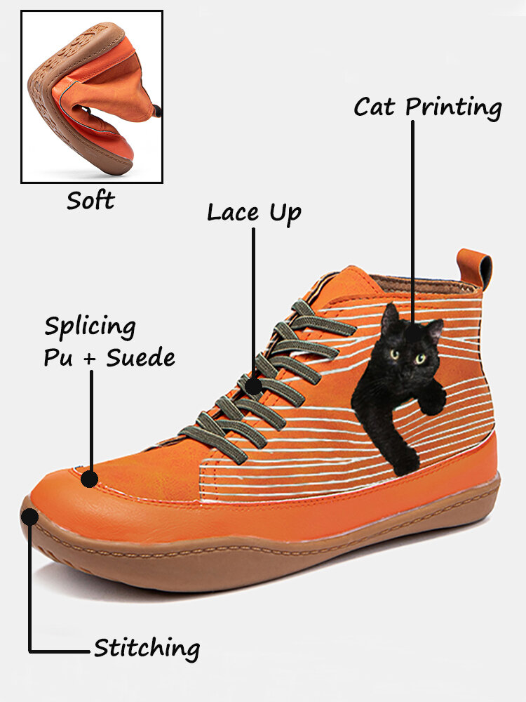 Black Cat Print Casual Lace Up Splicing Suede Flat Ankle Boots For Women