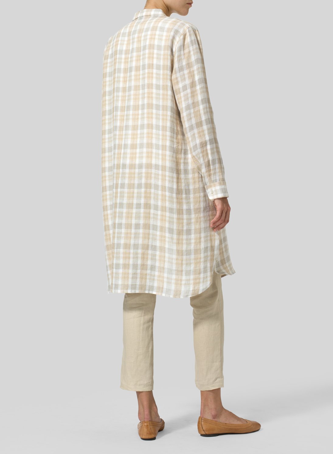Trendy Plaid Printed Linen Stand Collar Breathable Long Sleeves