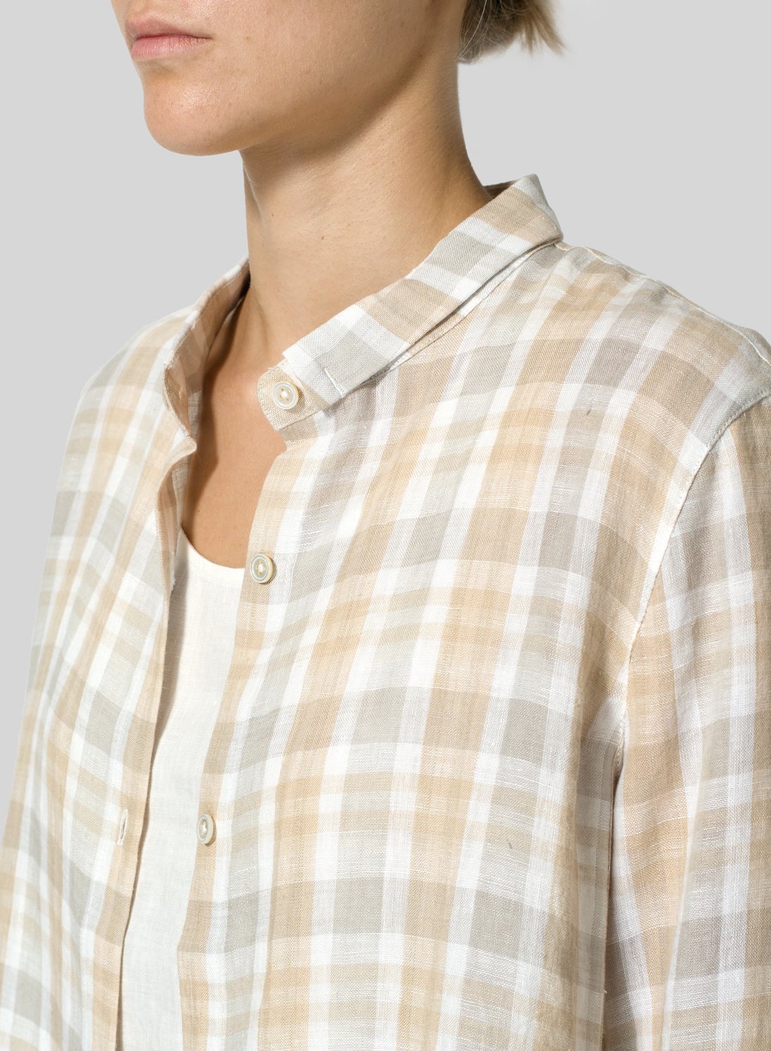 Trendy Plaid Printed Linen Stand Collar Breathable Long Sleeves
