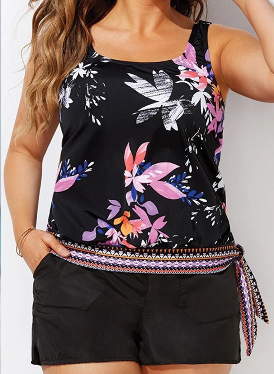 WINDFLOWER SIDE TIE BLOUSON TANKINI WITH CARGO SHORT
