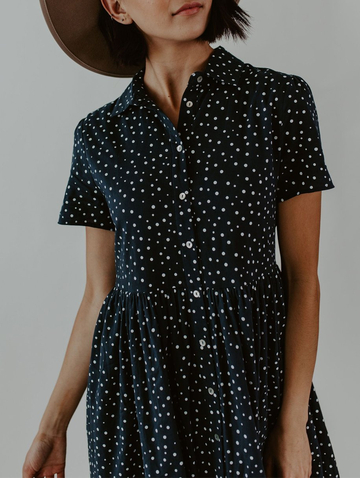 Cute Spotted Shirt Collar Midi Dress