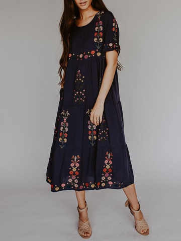 Summer Embroidered Crew Neck Dress