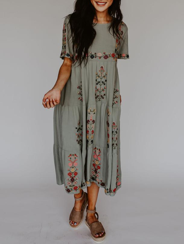 Summer Embroidered Crew Neck Dress