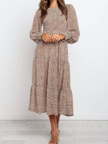 Round Neck Long Sleeve Tiered Midi Dress