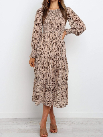 Round Neck Long Sleeve Tiered Midi Dress