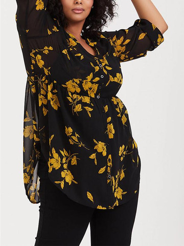 Emma - Black & Yellow Floral Chiffon Babydoll Tunic