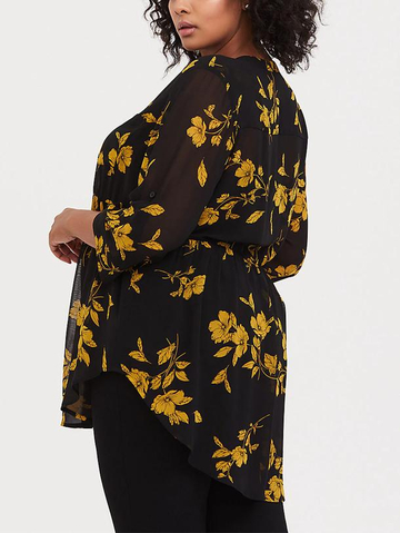 Emma - Black & Yellow Floral Chiffon Babydoll Tunic