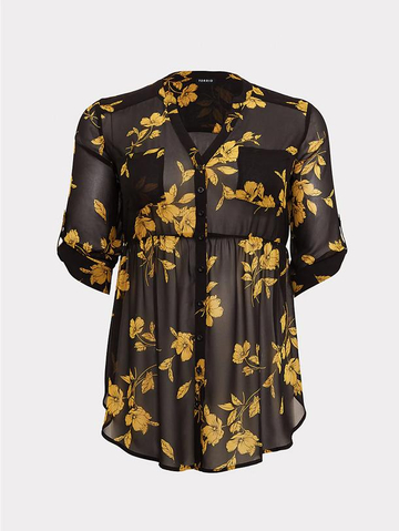 Emma - Black & Yellow Floral Chiffon Babydoll Tunic