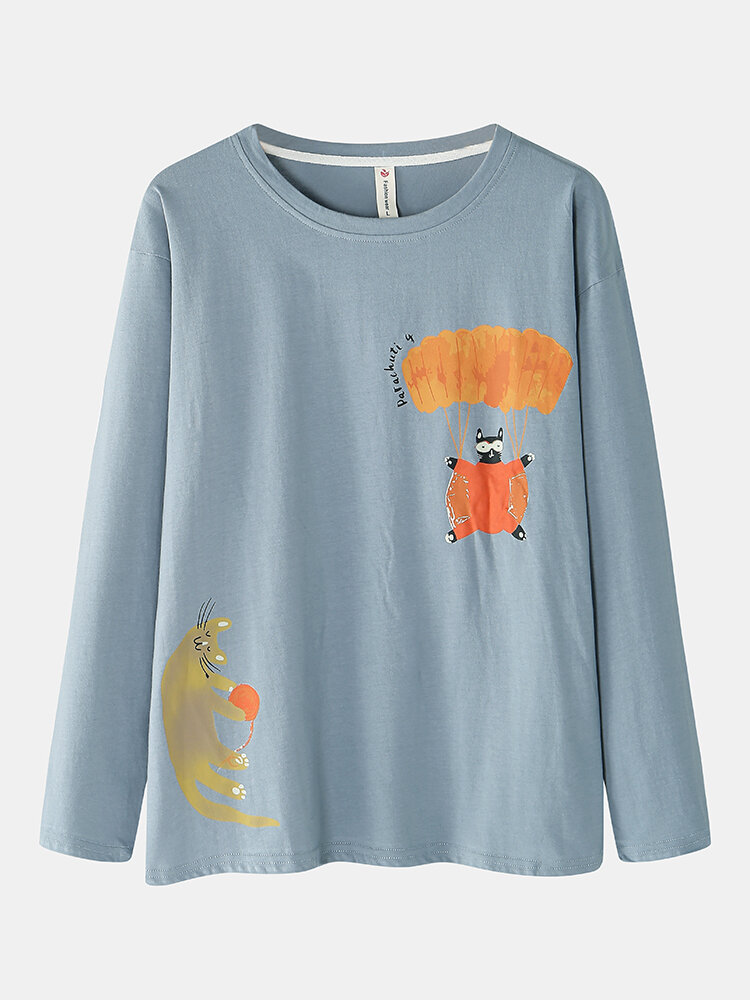 Women 100% Cotton Cute Cartoon Cats Print Long Sleeve Loose Two-Piece Home Pajamas Set
