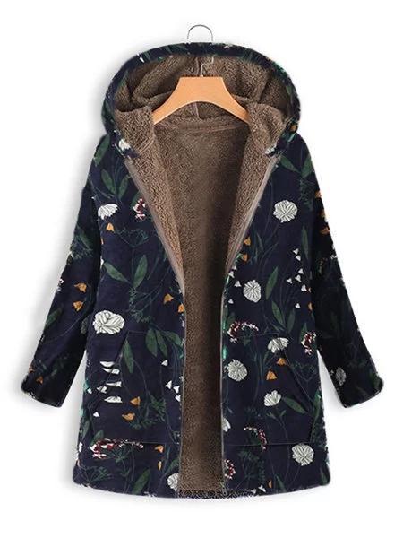 Floral Print Hooded Long Sleeve Pockets Vintage Coat