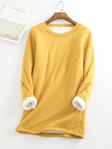 Casual Fleece-Blend Round Neck Solid Long Sweatshirt