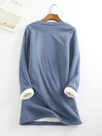 Casual Fleece-Blend Round Neck Solid Long Sweatshirt
