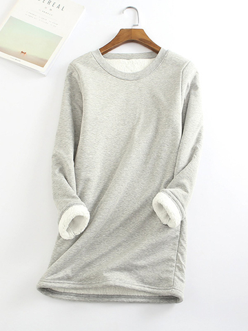 Casual Fleece-Blend Round Neck Solid Long Sweatshirt