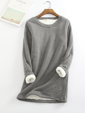 Casual Fleece-Blend Round Neck Solid Long Sweatshirt