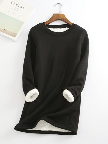 Casual Fleece-Blend Round Neck Solid Long Sweatshirt