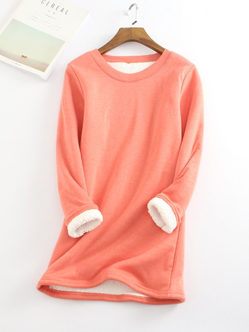 Casual Fleece-Blend Round Neck Solid Long Sweatshirt