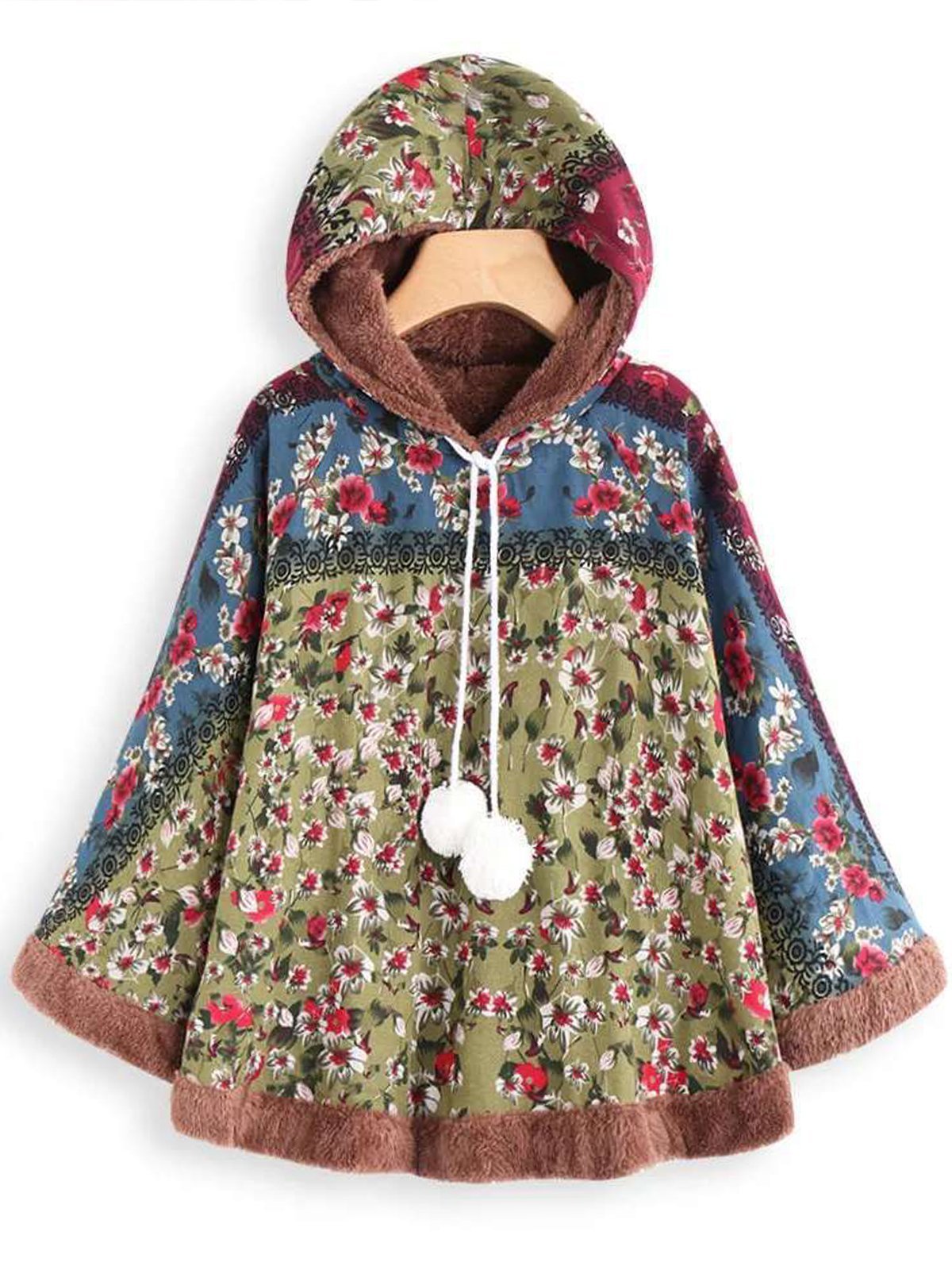 Cute Floral Printed Hoodie Cape Sleeve Cloak Coat