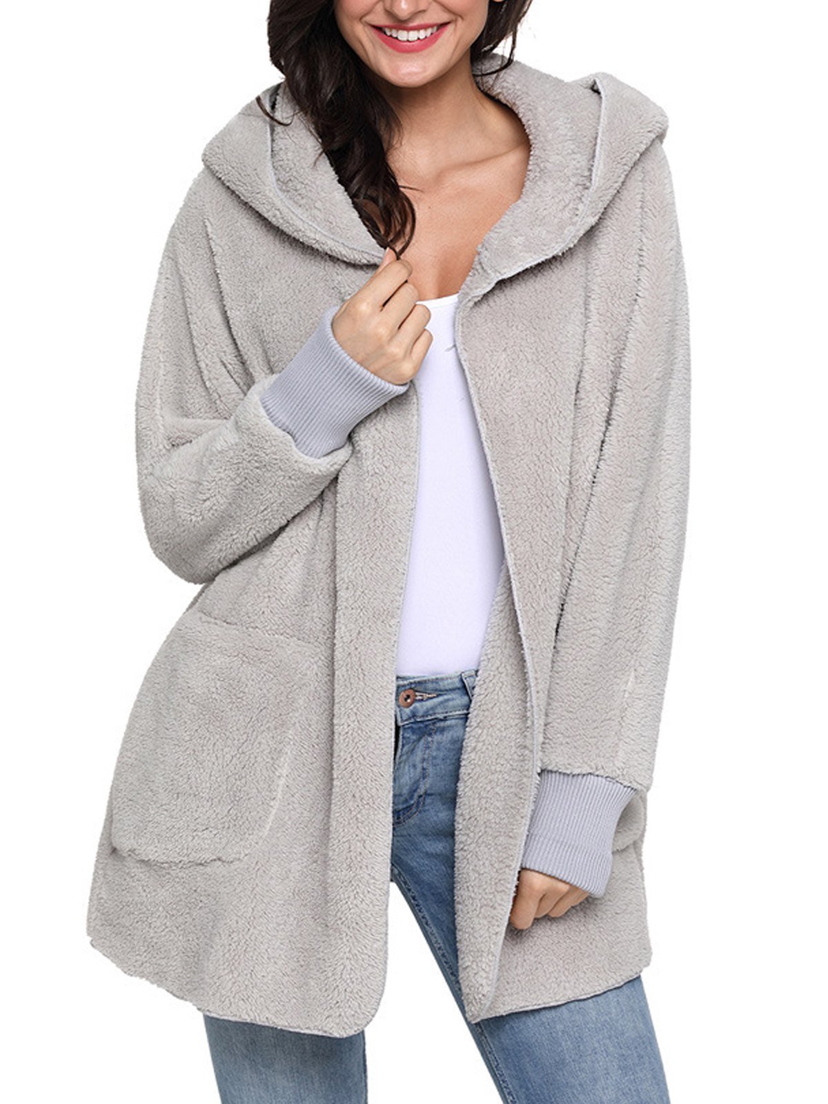 Multicolor Hoodie Solid Wool Pocket Loose Women Coat