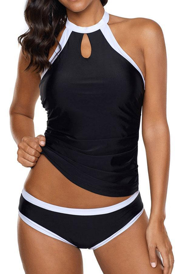 Contrast Binding Halter Neck Tankini Set