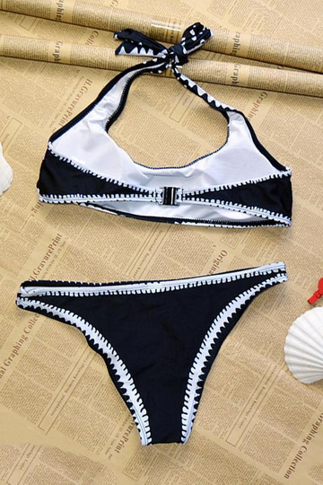 Beach Sexy Colorblock Strappy Round Neck Backless Bikini Swimwear