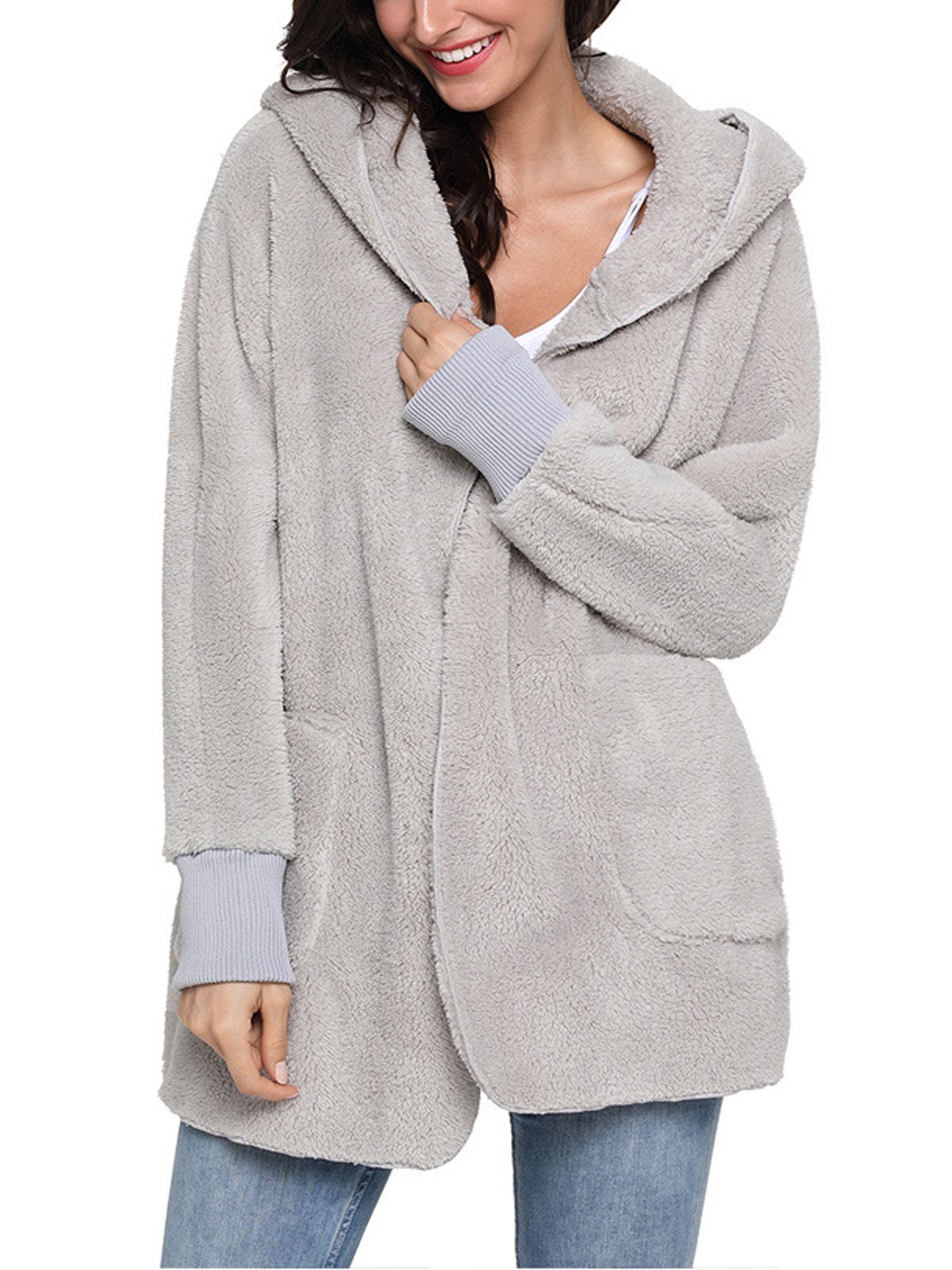 Multicolor Hoodie Solid Wool Pocket Loose Women Coat