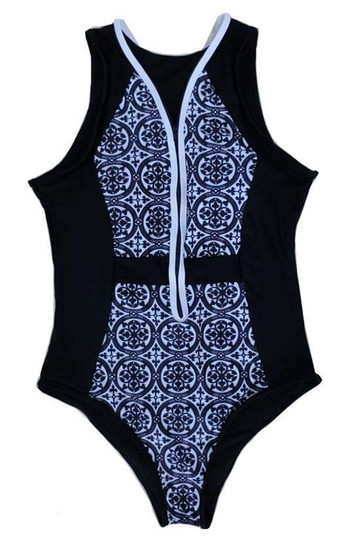 Black Sporty Zippered One Piece Swimsuit