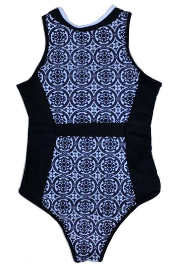 Black Sporty Zippered One Piece Swimsuit