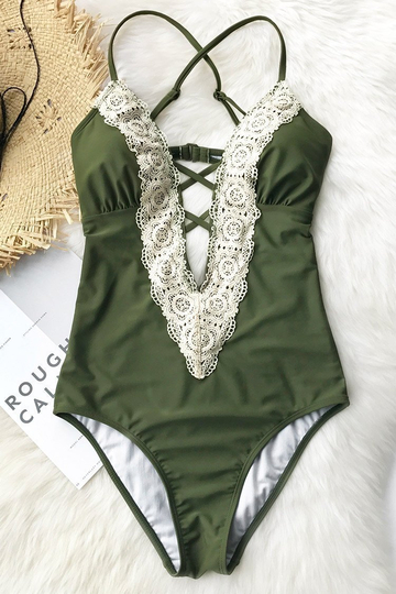 Vintage Lace Deep V Neck One Piece Swimsuit