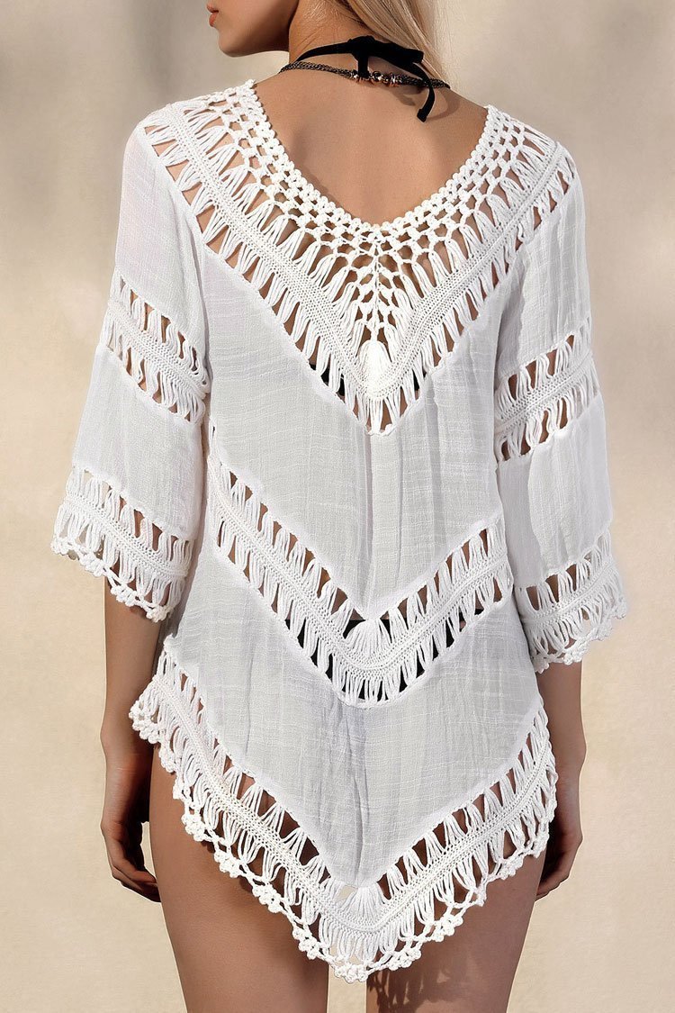 Boho Elbow Sleeve Hollow Out Crochet Tunic Cover Up