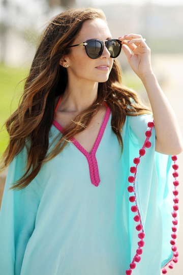 Contrast Color Pompon Edge Batwing Sleeve Cover Up