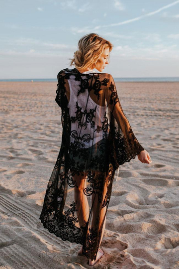 Open Front Scallop Edge Flare Sleeve Sheer Mesh Maxi Cover Up