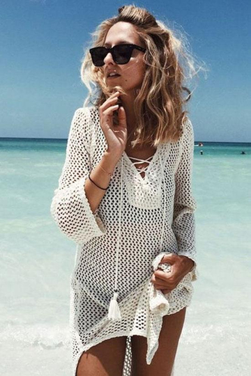 Breezy Lace Up Openwork Crochet Tunic Cover Up